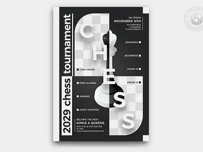Chess Tournament Flyer Template V2 battle black championship chess competition design event flyer game king pawn photoshop poster print psd queen strategic template tounament white