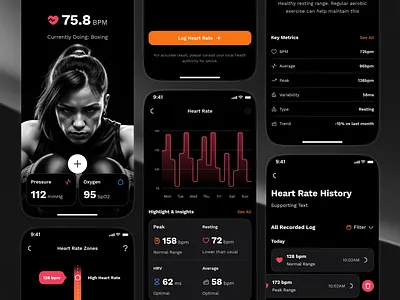 sandow v3: AI Fitness & Nutrition App | Heartrate Tracker UI clean coaching app ecg app figma ui kit fitness mobile app heart rate app heart rate tracker heartrate monitor heartrate monitor app heartrate tracker app minimal modern nutrition app nutrition ui kit orange personalized fitness smart fitness smart workout wellness app workout app