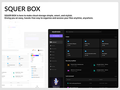 SQUER BOX: Cloud-based storage service app design case study cloud storage dark mode light mode minimal storage drive storage service styleguid ui userinterface ux web design