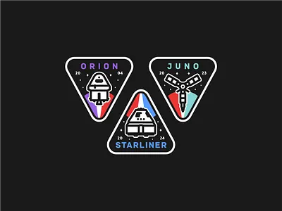 Orion, Juno & Starliner badge design explore graphic design icon icon set illustration juno launch logo mission nasa orion satelite sonda space space x starliner stars universe