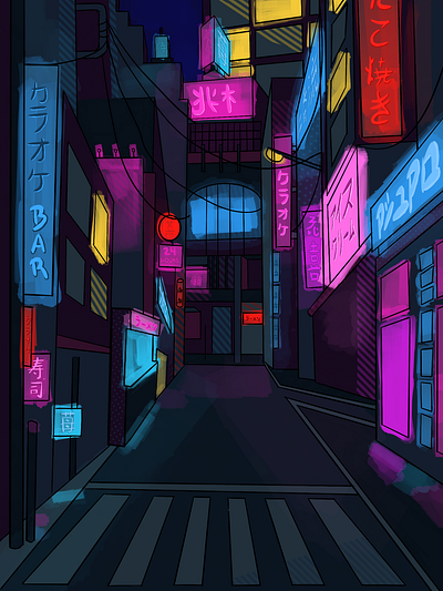 Japanese street at night cyberstyle illustration pinkandblue procreate