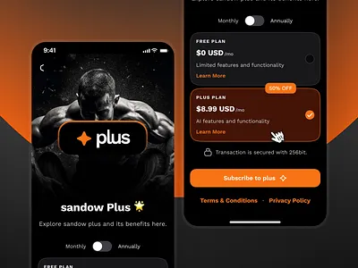 sandow v3: AI Fitness & Nutrition App | Pricing Plan & Trials UI clean coaching app dark mode figma ui kit fitness mobile app free trials ui gradient minimal modern orange personalized fitness pricing plan pricing table pricing tier pricing ui smart fitness smart workout virtual coach app wellness app workout app