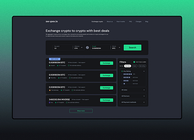 Crypto exchange aggregator aggregator black blockchain crypto cryptocurrency dark design exchange finance landing product service ui uiux ux web