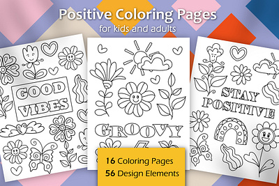 Big Collection of Positive Groovy Coloring Pages 60s 70s adult anti stress art coloring book coloring pages colouring page for children for kids girl good vibes groovy hippie illustration mandalas positive psychedelic style trendy