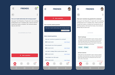 FRIENDS - Ask for help anonymously blue dark design friend friends homepage like option question red share ui ux