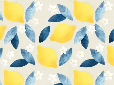 Lemons and blue leaves pattern background botanical botany citrus fabrics fruit illustration leaves lemons lemons pattern pattern seamless summer textile design wallpaper watercolor wrapping paper yellow and blue