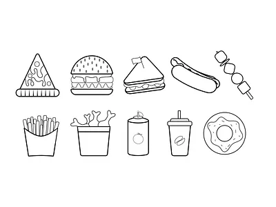 Fast Food Icons adobe illustrator cheeseburger collection fast food food icons fried potatoes graphic design hamburger hot dog illustration line linear outline pizza sandwich set signs vector icons