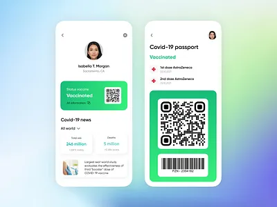 Covid Vaccinated App app appdesign covid covid 19 design green health healthy ios medicine minimalism password qr ui uiux ux vaccinated vaccination wellness world