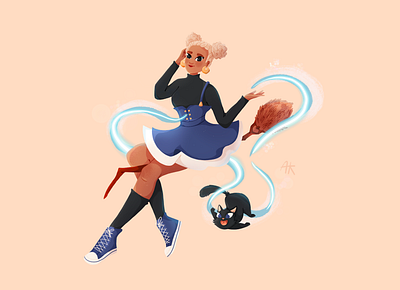 Young witch with a cat afro black blackcat blackcskin broom cat character characterdesign comercial dress fly girl hair illustration magic sneakers socks spell witch
