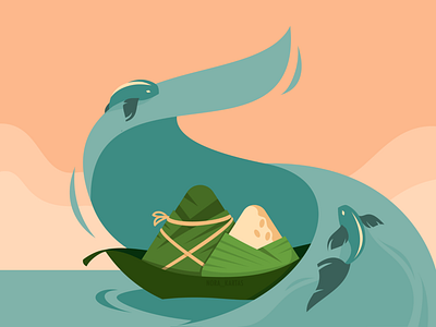 Dragon Boat Festival | Zòngzi | Illustration adobe illustrator advertising art bamboo blue china dragon boat festival fish food green illustration leaves nature rice tradition vector water zongzi