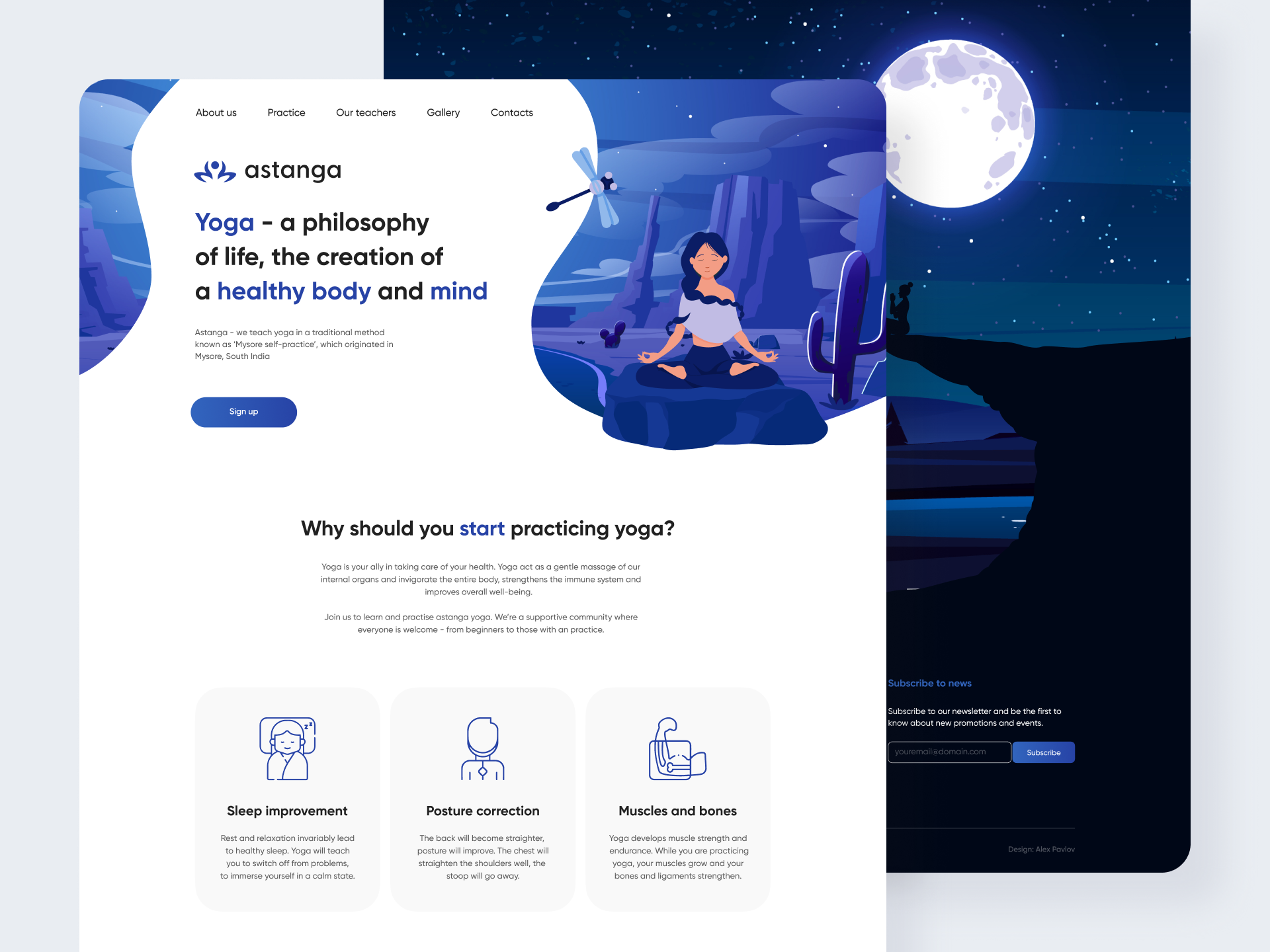 Yoga Landing Page by Alex Pavlov app branding design graphic design illustration landing landing page logo meditation minimal screen site ui ux vector vector page web design yoga