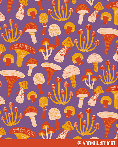 Toadstools and Fungi - Pattern art art licensing artwork digital art digital illustration fungi illustration mushroom pattern pattern design repeat pattern surface design toadstool