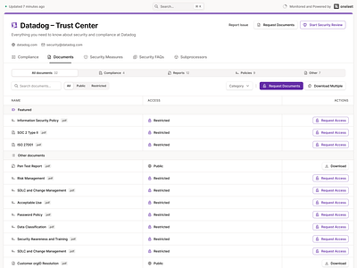 Trust Center Page - Compliance Documents Tab button compliance documents figma high density oneleet product design purple saas security table tabs trust center trust page ui ux design web