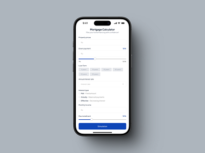 Mortgage Calculator Mobile IOS App app blue branding clean dailyui dailyui4 design designinspiration exploration ios logo minimalism mobile mortgage calculator navy ui uisupply