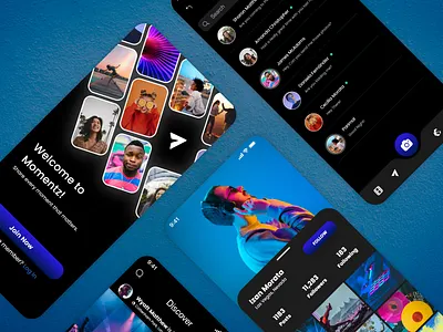 Momentz! Social Media App app app design chat dark dark mode design ios landing page mobile app mobile social app post social social media social media ui social networking social sites stories ui design uiux ux design