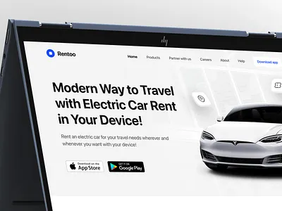 Rentoo: Electric Car Rent Landing Page automatic car car rent electric car landing page minimalist modern motorcycle rent rental tesla tesla car