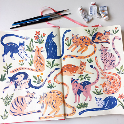 Bunch of cats art cats drawing gouache hand drawn illustration painting pattern sketchbook