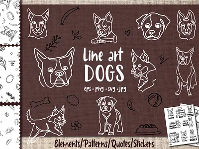 Dog SVG Bundle, Dog Pattern Line Art with Stickers design dog quote graphic design illustration seamless pattern vector wrapping paper