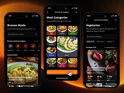 sandow v2: AI Fitness & Nutrition App | Browse/Explore Meal Plan ai fitness app calorie app calorie counter app clean figma ui kit fitness ui kit food app meal app meal planner app meal ui minimal modern nutrition app nutrition ui nutrition ui kit orange personalized fitness smart fitness smart workout wellness app