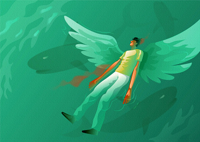 0_0 art artwork design design art drowning fallen angel green water illustration illustrator man sea shark sinking sketch water wing