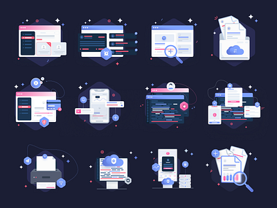 Tech icon set design flat illustrations graphic design icon design icon set iconography icons illustration landing page onboarding icons product design saas icons site tech technology icons ui ux vector icons web website