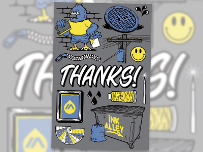 Ink Alley Thank You Card alley apparel brick drops dumpster electricity embroidery illustration ink alley needle pigeon power lines screen print thank you thank you card thanks trash utility vector zipper