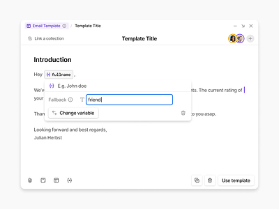 Attio – Email Templates with Variables actions buttons cards collaboration crm editor email emails collaboration light minimal modern pin popover sleek smart templates title user experience ux variables