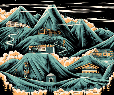 The Hill Space building design digitalillustration handdrawn hill illustration landscape mountain vintage vintage design