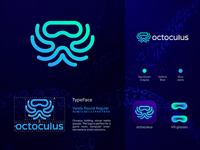 Octoculus logo explanation arms augmented blue branding eight entertainment games gaming glasses glogo hands icon legs logo octopus reality sea squid virtual vr