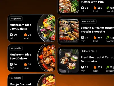 sandow v3: AI Fitness & Nutrition App | Meal/Recipe Listing Card animation clean dark mode figma ui kit food card food details card meal app meal card meal planner app minimal modern nutrition app nutrition card nutrition ui kit orange personalized fitness recipe app recipe card smart fitness smart workout