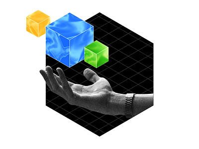 Data Ownership cubes dark data gradients grids hand hexagon isometric monochrome noise risograph