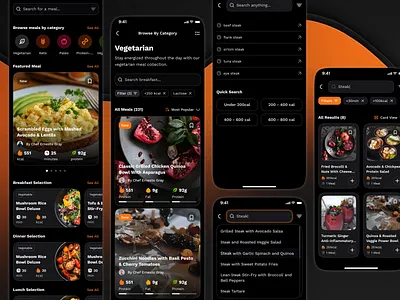 sandow v2: AI Fitness & Nutrition App | Explore/Search Meal Flow ai workout app calorie app calorie counter app clean coaching app figma ui kit fitness mobile app fitness ui kit food app meal app meal tracker app minimal modern nutrition app nutrition ui kit orange personalized fitness smart fitness smart workout wellness app