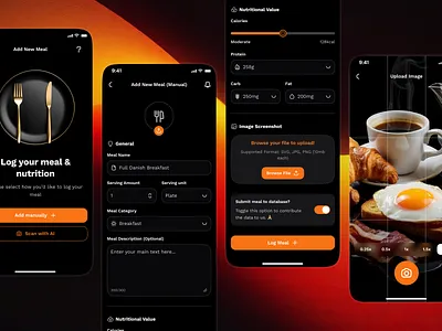 sandow v3: AI Fitness & Nutrition App | Add New Meal UI Flow add new meal calorie app calorie counter app calorie tracker app clean dark mode gradient log meal ui meal app meal tracker app meal ui minimal modern nutrition app nutrition ui kit orange personalized fitness smart fitness smart workout workout app