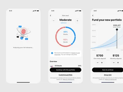 Define portfolio deposis design finance illustration income interaction investing light line chart loading onboarding pie chart portfolio projection risk level robo advisor stocks ui ux white