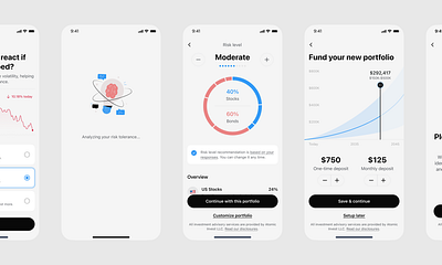 Define portfolio deposis design finance illustration income interaction investing light line chart loading onboarding pie chart portfolio projection risk level robo advisor stocks ui ux white