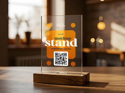 Desk Stand advertising cafe desk discount free freebie glass holder menu mockup promotion restaurant sale stand table wood