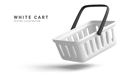 Realistic shopping cart is flying isolated on white background. food