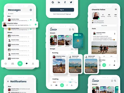 Social App Design app blue community design graphic design green logo messages notifications profile react native social stories ui ux