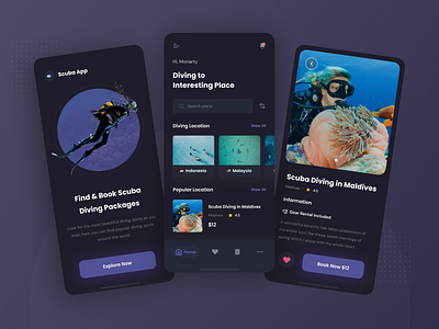 Scuba Diving App app book app booking apps dark dark mode dark theme design diving diving app ios minimal mobile mobile app scuba app scuba diving ui ui design ux