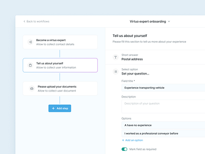 Workflow builder — Sidebar builder component design diagram flow flowchart form builder product saas sidebar steps workflow workflow builder