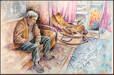 War in Ukraine, an old man in a destroyed apartment, watercolor design hand painted paint painting watercolor illustration