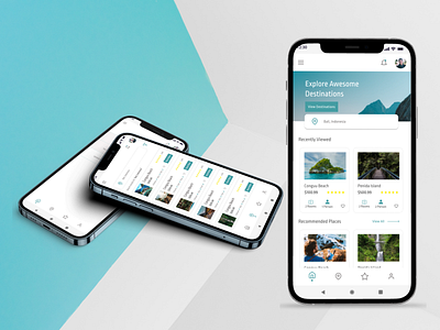 Travel Booking Mobile App UI Design graphic design hotel booking app illustrations ios app ui design responsive teal travel app ui travel site trivago ui