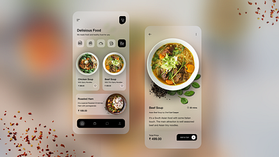 Glassy Food App ~ Design app appuidesign deliveryapp design figmadesign foodapp glassmorphism graphic design mobileuidesign ui ux