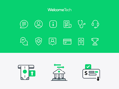 Welcome Tech Icon + Spot award bookmark branding chat credit debit doctor health help icon illustration information insurance line message news profile trophy ui ux