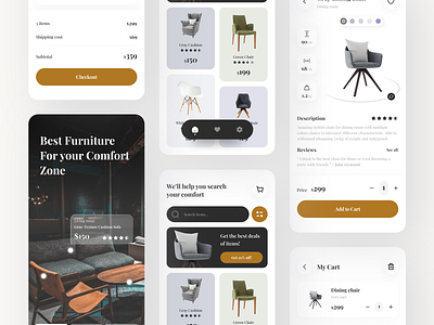 Furniture Mobile Apps cart chair checkout clean design e commerce flat furniture interior onboarding ui ui mobile user interface ux
