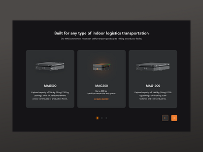 Exploring products & key specifications carousal dark ui landing page listing logistics marketing site products robotics slider