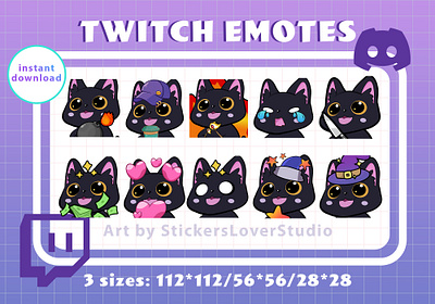 Cute twitch emotes pack with witchy black cat art discord emotes gamer illustration cartoon steaming stream twitch valorant