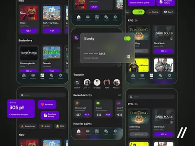 Bank App for Gamers android animation app app interaction bank app dark theme dashboard design game gamers interaction ios marketplace mobile mobile app mobile ui transaction ui uiux ux