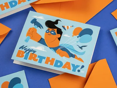 Dunn Lumber Birthday Cards birthday birthday card cape card clouds envelope flight flying greeting card hammer happy birthday hero mask sky super hero superhero tools