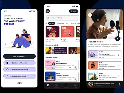 Podcasts Mobile App app audiobook creative design interaction design mobile mobile app design music music player player podcast sound ui uiux user experience design user interface